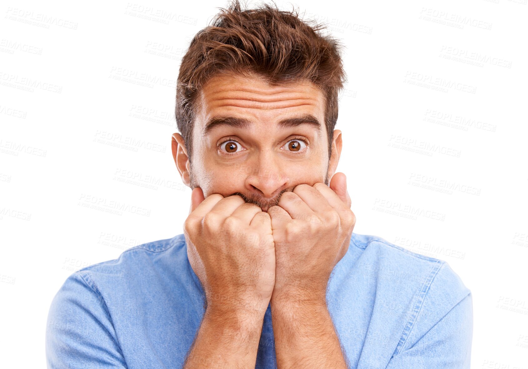 Buy stock photo Worried, anxiety and portrait of man scared with stress expression isolated in a transparent or png background. Uncertain, fear and person feeling anxious and thinking of a problem and ashamed