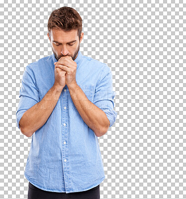 Buy stock photo Praying, anxiety and man with faith or hope on isolated, transparent and png background. Jesus Christ, worship and nervous male in prayer for blessing, mercy or forgiveness while waiting for news 