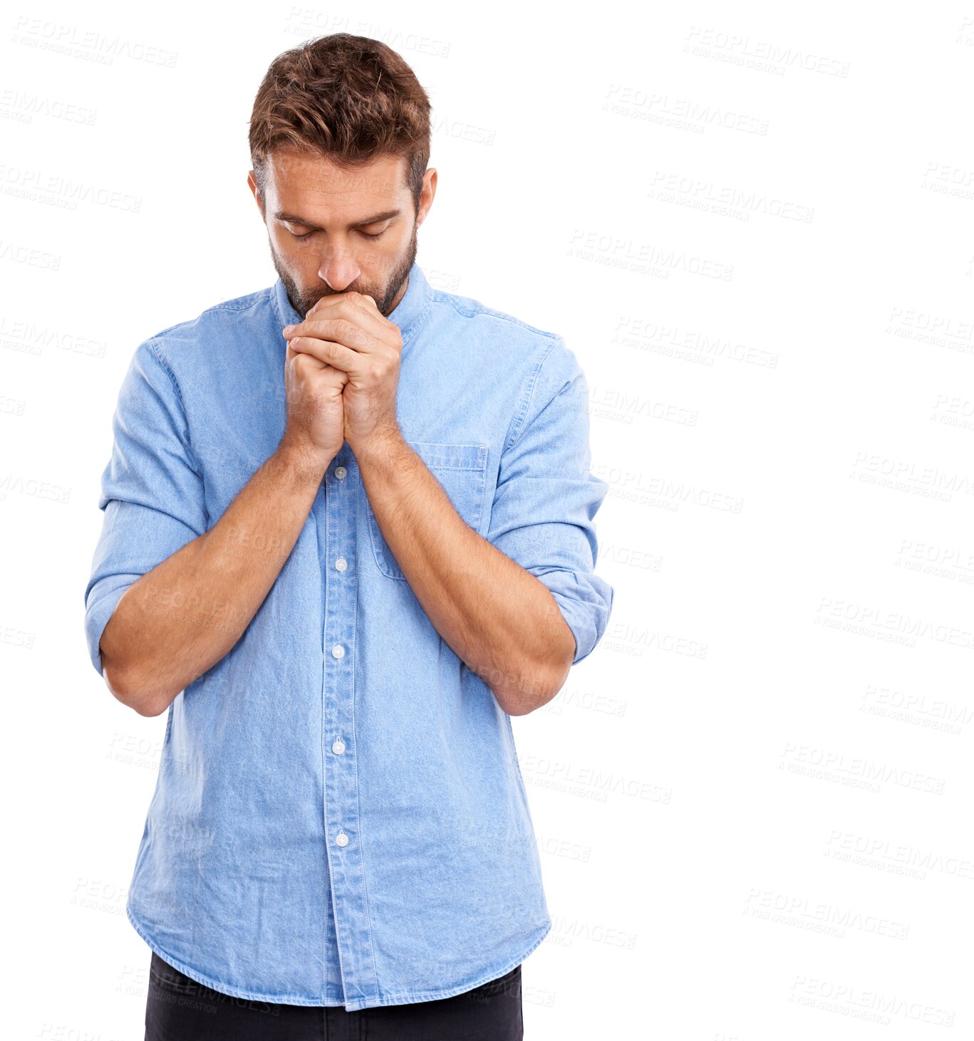 Buy stock photo Praying, anxiety and man with faith or hope on isolated, transparent and png background. Jesus Christ, worship and nervous male in prayer for blessing, mercy or forgiveness while waiting for news 