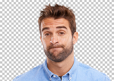 Buy stock photo Portrait, man and thinking with doubt or unsure in png or transparent, isolated background. Thoughtful, face and guy with uncertain expression with options or question with brainstorming or confused.