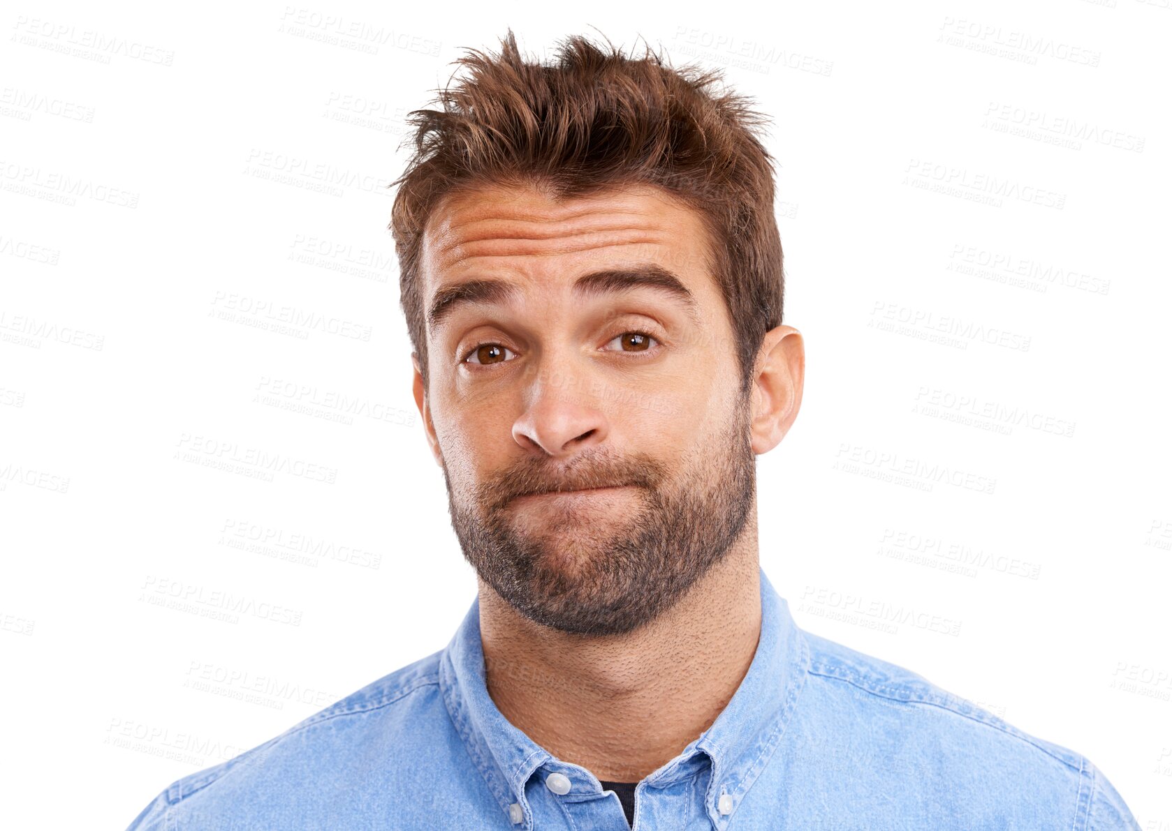 Buy stock photo Portrait, man and thinking with doubt or unsure in png or transparent, isolated background. Thoughtful, face and guy with uncertain expression with options or question with brainstorming or confused.