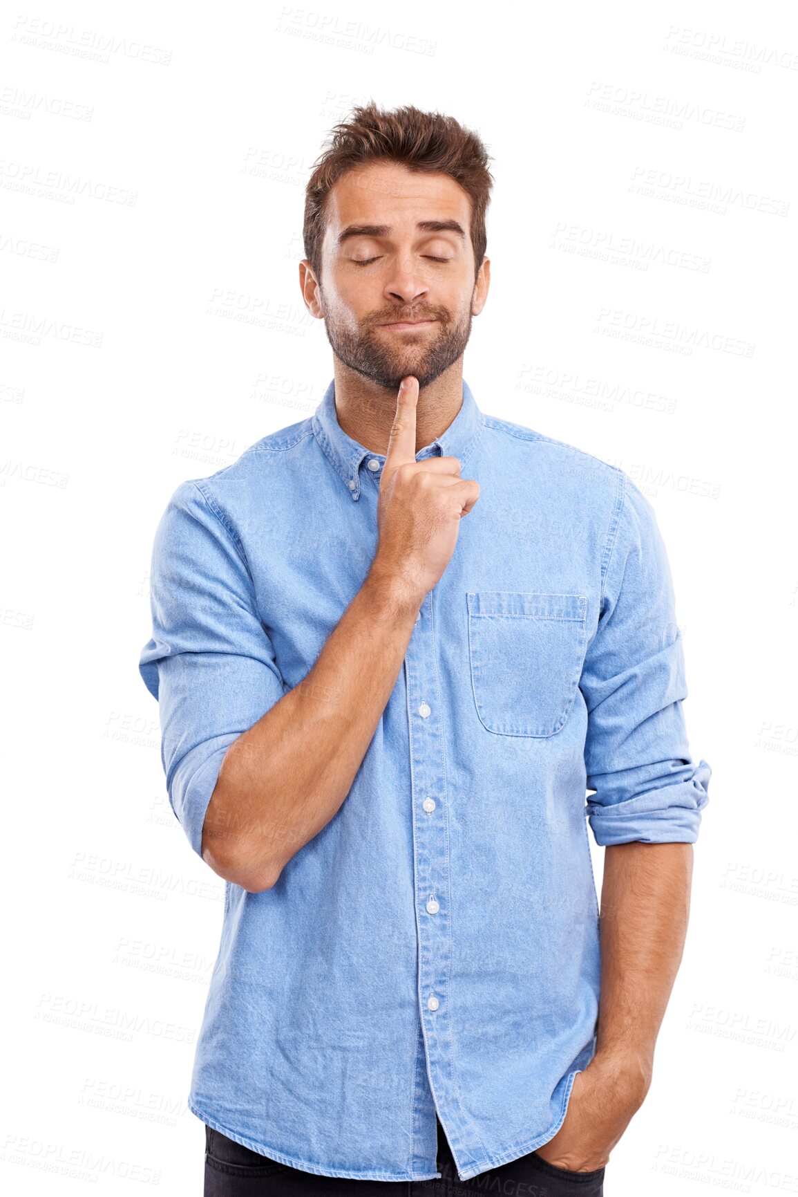 Buy stock photo Thinking, confused and man with questions on isolated, transparent and png background. Doubt, choice and male person with solution, problem solving and why emoji for decision, idea or puzzled gesture