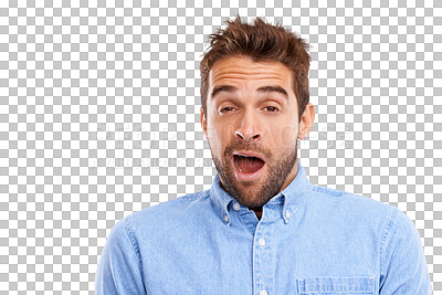 Buy stock photo Yawn, burnout and portrait of tired man sleepy on isolated, transparent or png background. Lazy person and face of male or open mouth emoji for insomnia, low energy or fatigue, sleep apnea or bored