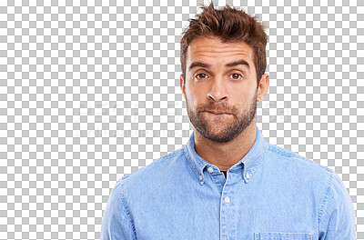 Buy stock photo Anxiety, portrait and nervous man worried on isolated, transparent and png background. Face, stress and male person with doubt, fear or suspense, emoji or questions, afraid or concerned with phobia