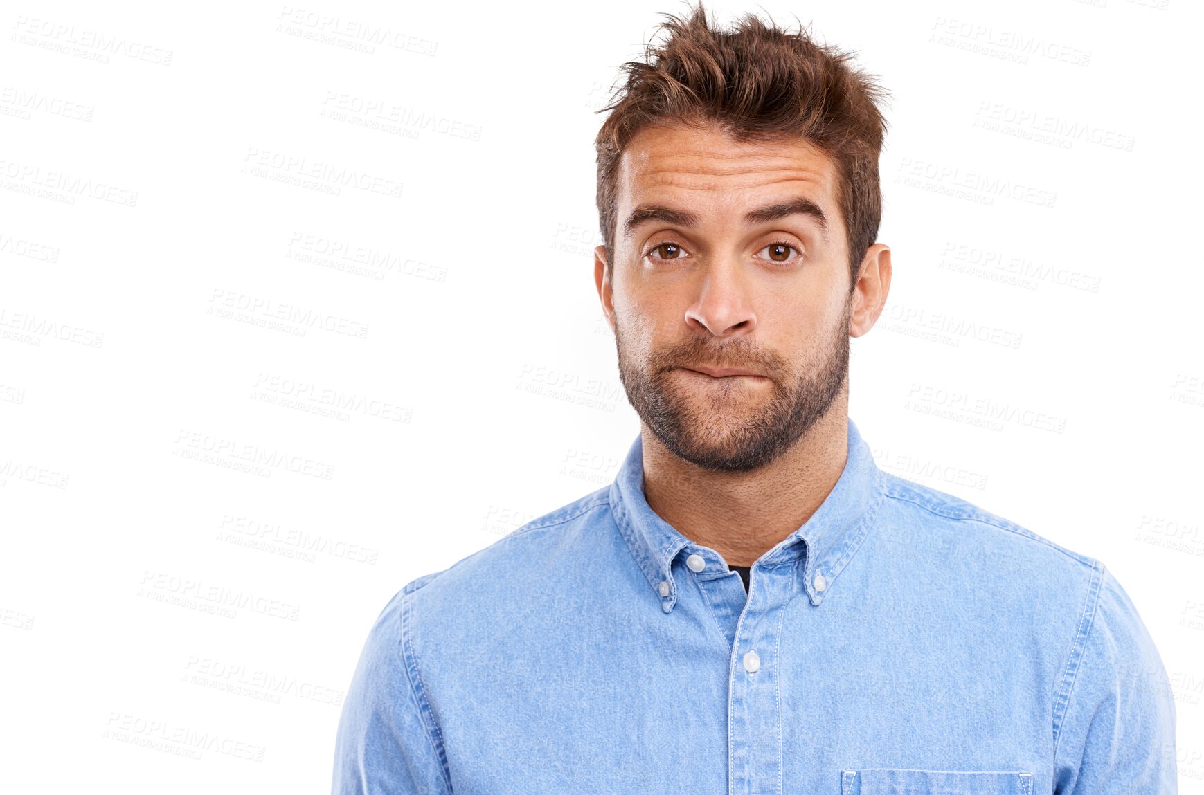 Buy stock photo Anxiety, portrait and nervous man worried on isolated, transparent and png background. Face, stress and male person with doubt, fear or suspense, emoji or questions, afraid or concerned with phobia