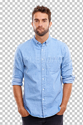 Buy stock photo Confused, thinking and portrait with man with fashion in png or isolated and transparent background in germany. Bored, face and guy is casual in clothes with shirt in trendy outfit with male person.