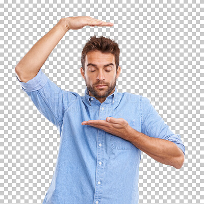 Buy stock photo Frame, hands and man for profile with picture and selfie in png or isolated and transparent background. Guy, funny and portrait face with photography sign with person for fashion with shirt.