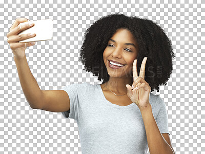 Buy stock photo Black woman, peace hand gesture and selfie with social media influencer isolated on transparent png background. Female model, content creation and smile in picture with live streaming and happiness