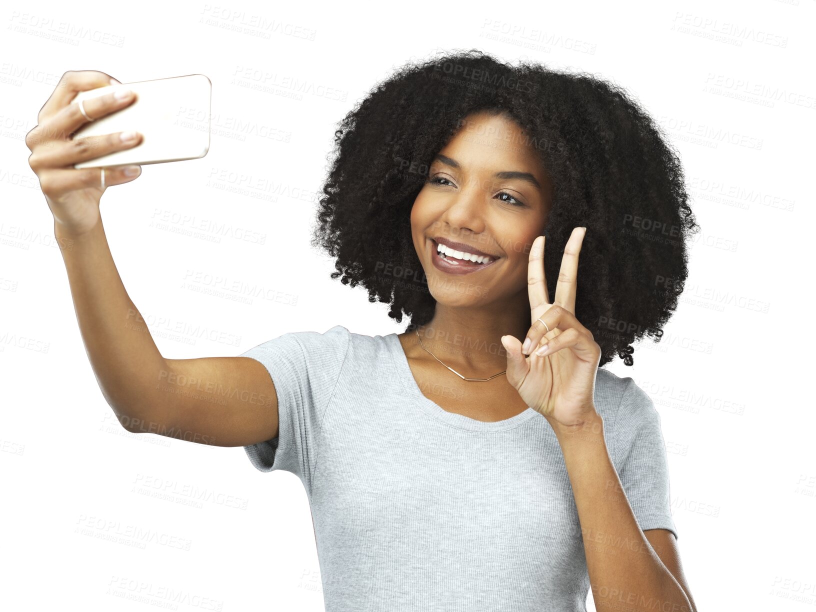 Buy stock photo Black woman, peace hand gesture and selfie with social media influencer isolated on transparent png background. Female model, content creation and smile in picture with live streaming and happiness