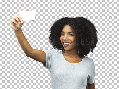 Buy stock photo Woman, smile and selfie for social media post while isolated on a transparent png background. Happy african female model taking an online profile picture for memory, photography app and digital blog