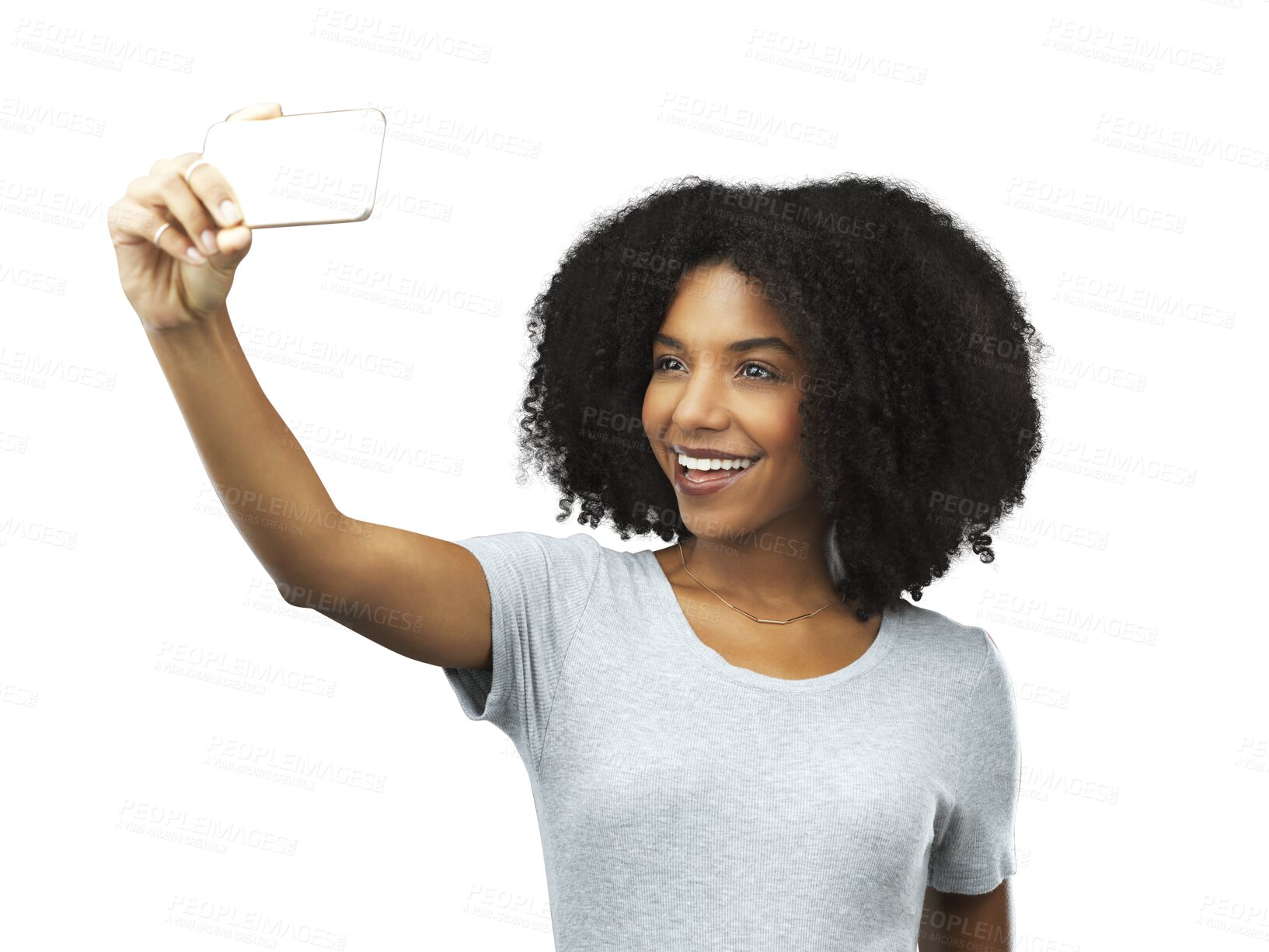 Buy stock photo Woman, smile and selfie for social media post while isolated on a transparent png background. Happy african female model taking an online profile picture for memory, photography app and digital blog