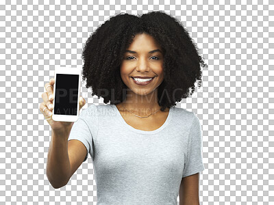 Buy stock photo Phone, happy and portrait of a young woman with positive mindset for networking on the internet. Happiness, smile and female model with cellphone or technology isolated by transparent png background.