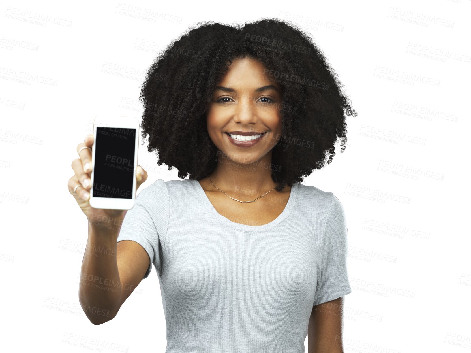 Buy stock photo Phone, happy and portrait of a young woman with positive mindset for networking on the internet. Happiness, smile and female model with cellphone or technology isolated by transparent png background.