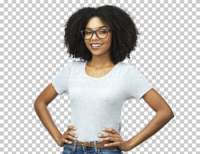 Buy stock photo Portrait, happy and black woman with glasses, confidence and fashion isolated on a transparent png background. Face, nerd and African female model from Nigeria with smile, style and hands on hips.