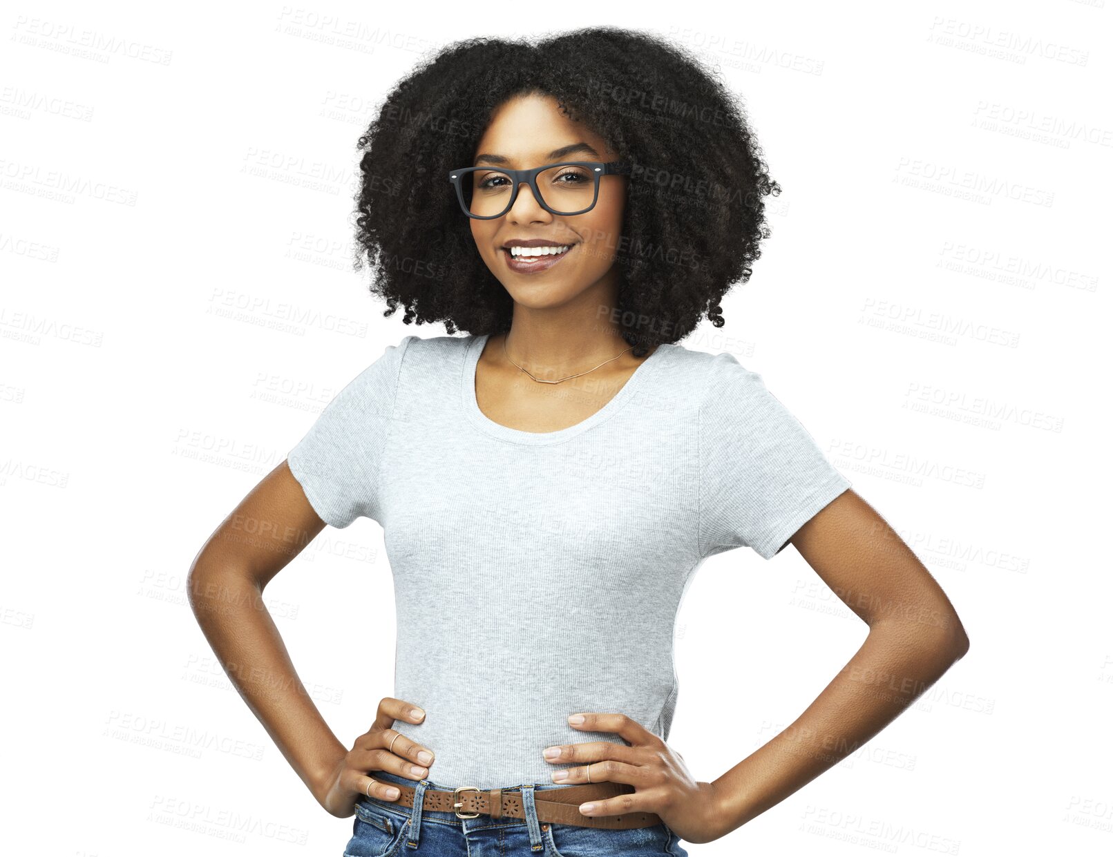 Buy stock photo Portrait, happy and black woman with glasses, confidence and fashion isolated on a transparent png background. Face, nerd and African female model from Nigeria with smile, style and hands on hips.