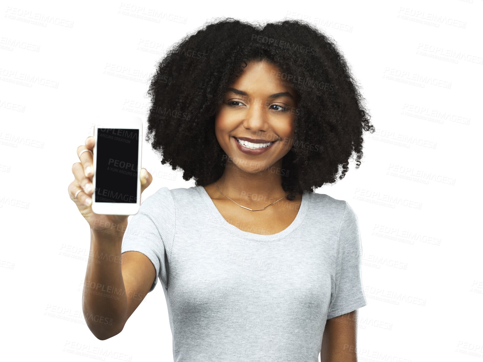 Buy stock photo Phone screen, app and smile with a black woman isolated on a transparent background showing a mockup display for communication. Mobile, contact or marketing with a happy young brand ambassador on PNG