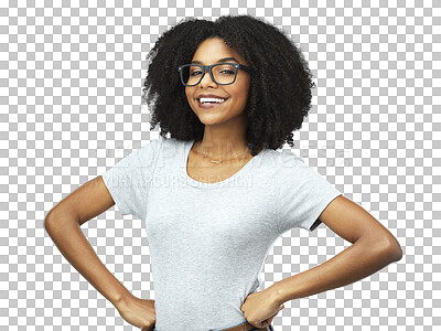 Buy stock photo Portrait, smile and black woman with glasses, confidence and fashion isolated on a transparent png background. Face, nerd and happiness of African female model from Nigeria, hands on hips and style