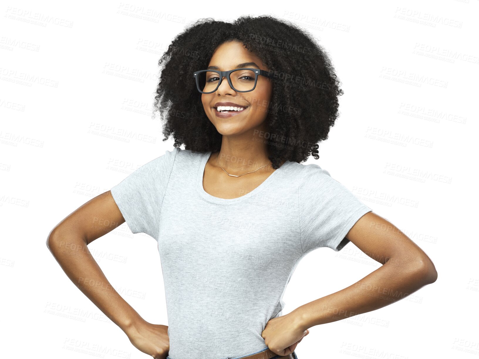 Buy stock photo Portrait, smile and black woman with glasses, confidence and fashion isolated on a transparent png background. Face, nerd and happiness of African female model from Nigeria, hands on hips and style