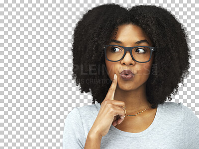 Buy stock photo Thinking, hand on face and African woman with idea for brainstorming, planning or problem solving on isolated or transparent mockup. Inspiration, model with decision or choice on png background