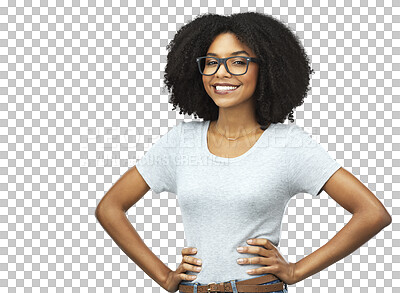 Buy stock photo Happy, portrait and black woman with glasses, confidence and fashion isolated on a transparent png background. Face, nerd and African female model from Nigeria with smile, style and hands on hips.