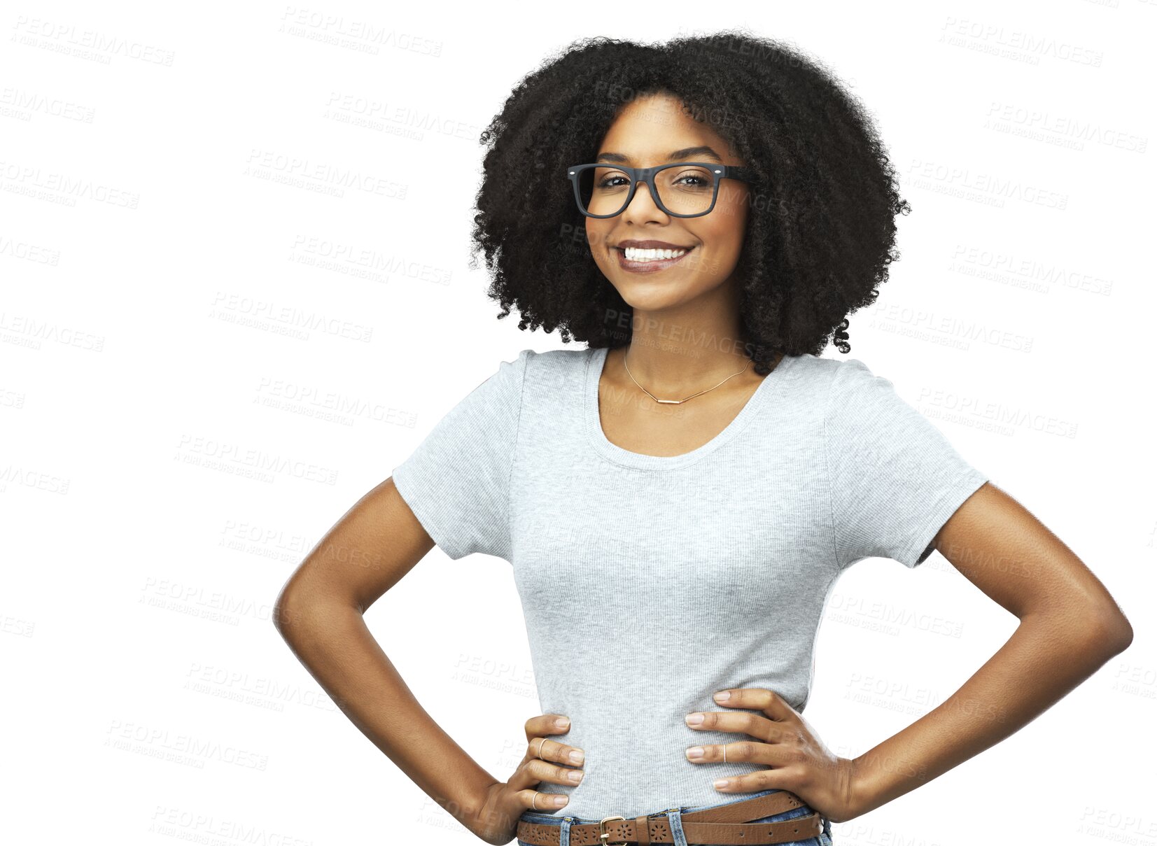 Buy stock photo Happy, portrait and black woman with glasses, confidence and fashion isolated on a transparent png background. Face, nerd and African female model from Nigeria with smile, style and hands on hips.