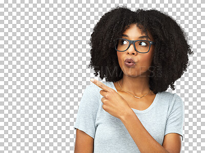 Buy stock photo Pointing, hand and face of African woman with choice in presentation of information on isolated or transparent mockup. Thinking, model with decision or gesture to show an option on png background