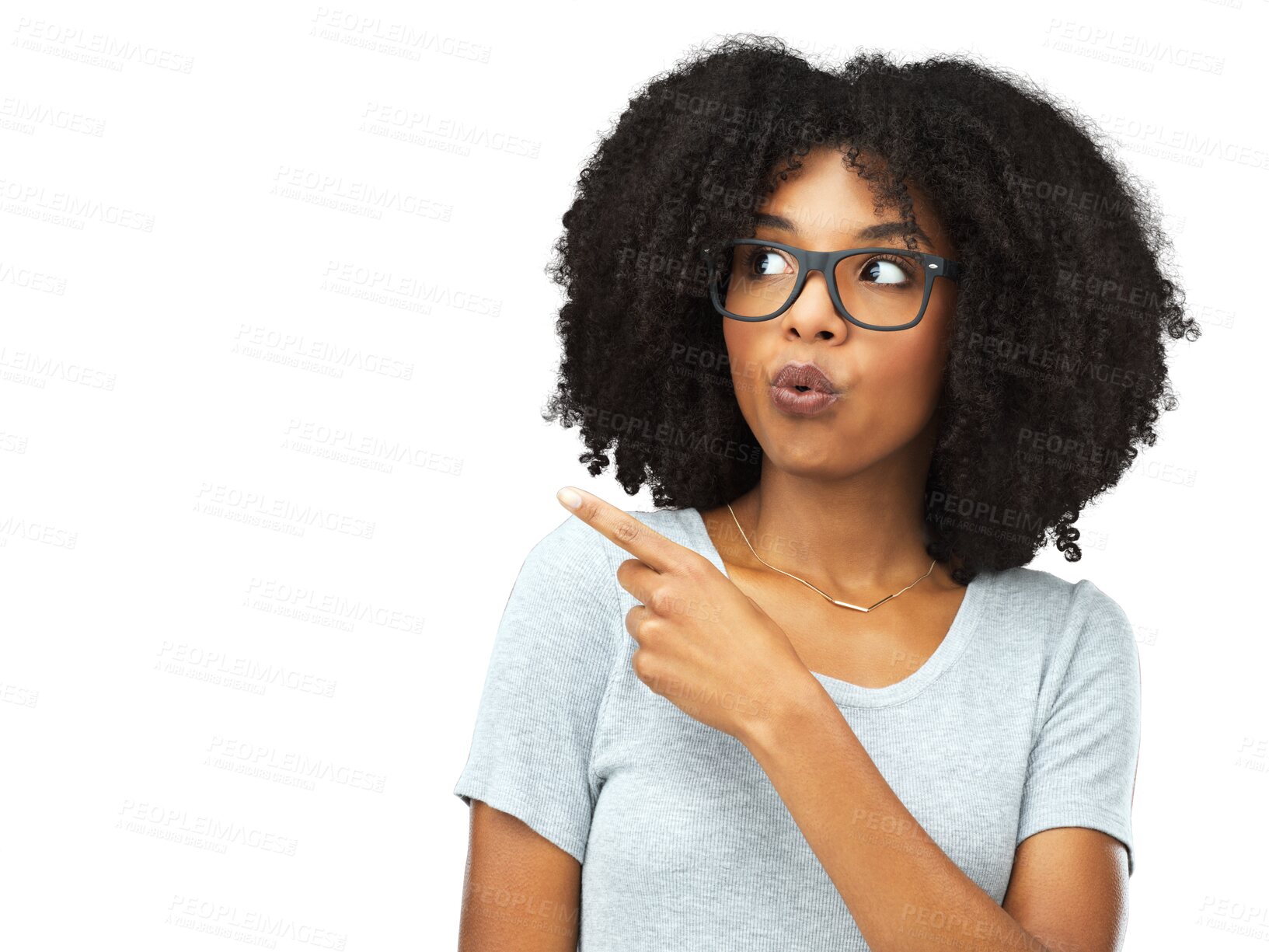 Buy stock photo Pointing, hand and face of African woman with choice in presentation of information on isolated or transparent mockup. Thinking, model with decision or gesture to show an option on png background