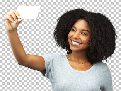 Buy stock photo Black woman, happy and selfie with social media influencer and blog isolated on transparent png background. Female model, content creation and smile in picture with live streaming and happiness