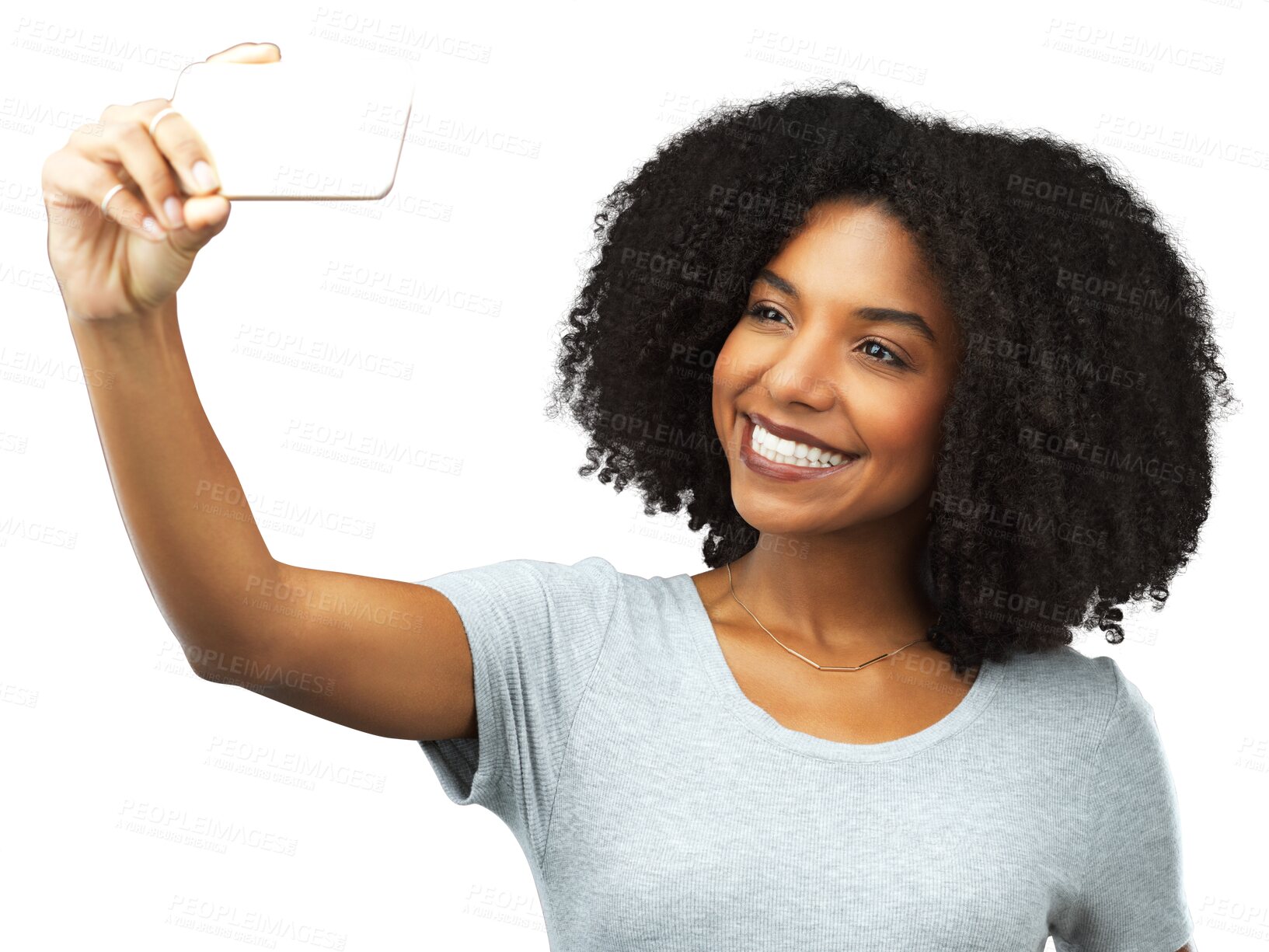 Buy stock photo Black woman, happy and selfie with social media influencer and blog isolated on transparent png background. Female model, content creation and smile in picture with live streaming and happiness