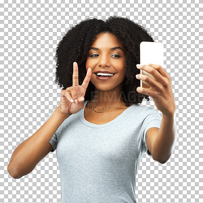 Buy stock photo Black woman, peace hand gesture and selfie, gen z and social media influencer isolated on transparent png background. Female model, content creation and smile in picture, live streaming and happiness