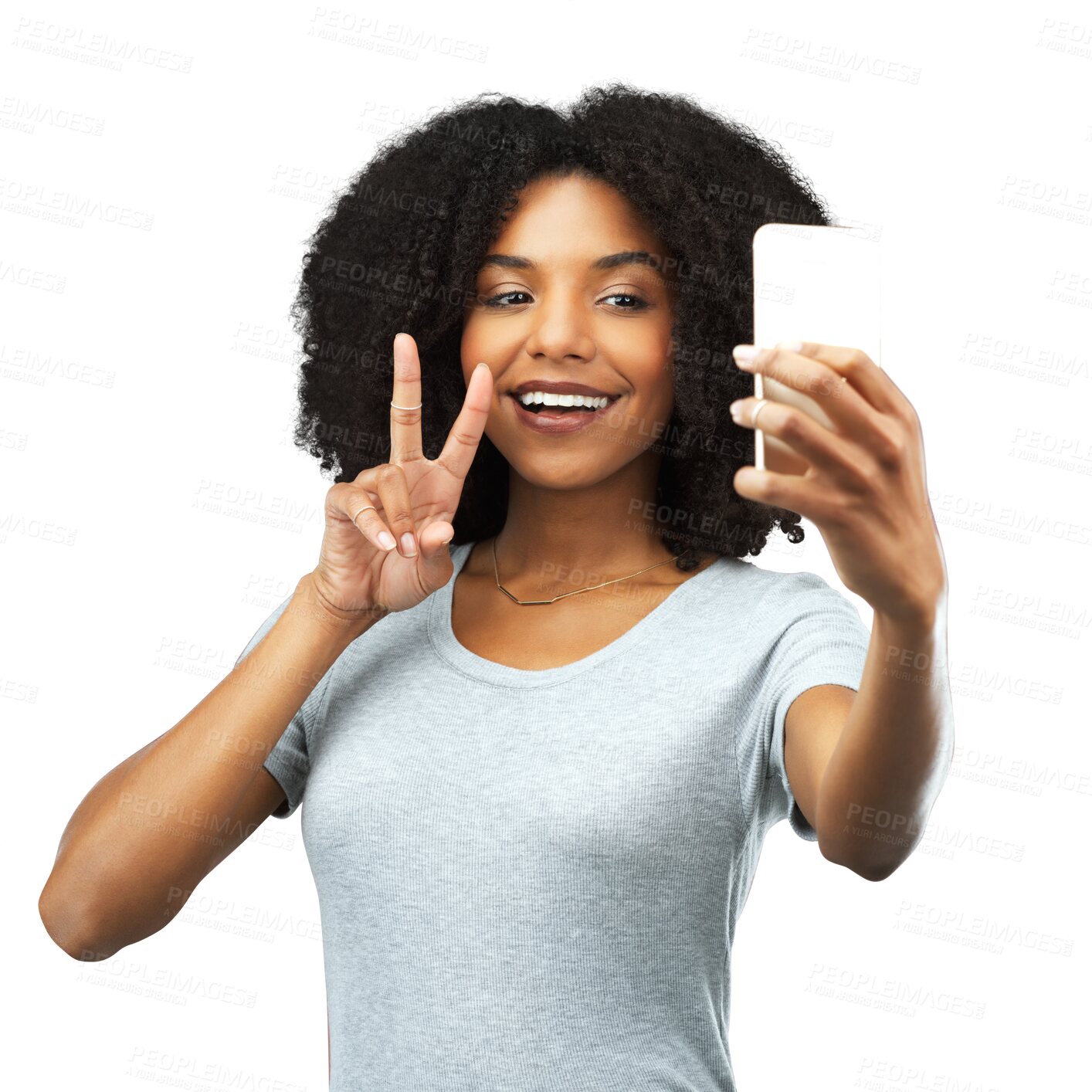 Buy stock photo Black woman, peace hand gesture and selfie, gen z and social media influencer isolated on transparent png background. Female model, content creation and smile in picture, live streaming and happiness