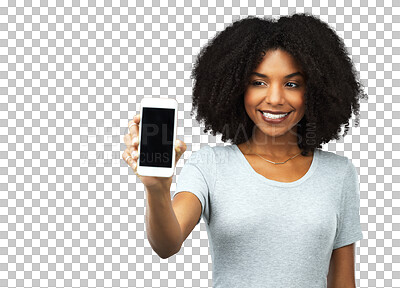 Buy stock photo Phone, application and smile with a black woman isolated on transparent background showing an empty display screen for marketing. Mobile, contact or website with a happy young brand ambassador on PNG