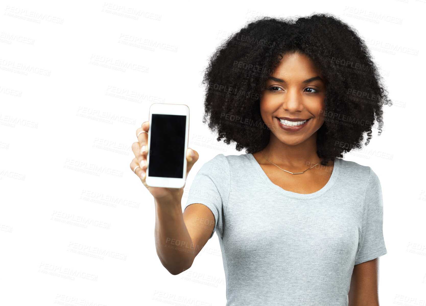 Buy stock photo Phone, application and smile with a black woman isolated on transparent background showing an empty display screen for marketing. Mobile, contact or website with a happy young brand ambassador on PNG