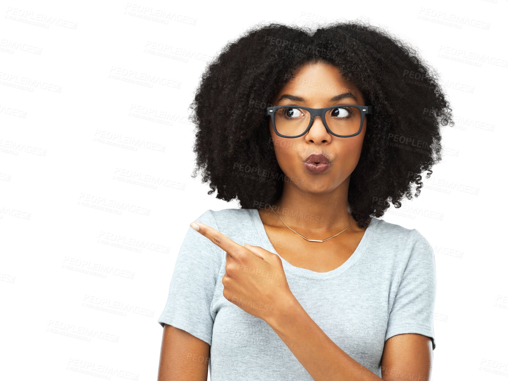 Buy stock photo Hand, pointing and face of African woman with choice in presentation of information on isolated or transparent mockup. Thinking, model with decision or gesture to show an option on png background