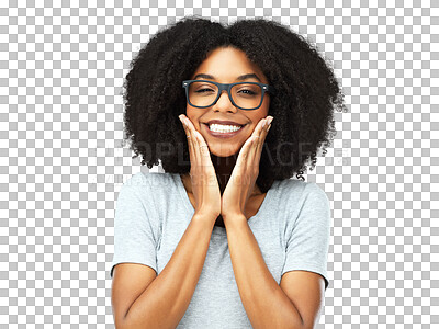 Buy stock photo Happy, smile and portrait of a woman with a cute, innocent and sweet facial expression. Happiness, glasses and female model from Brazil with hands on her face isolated by a transparent png background