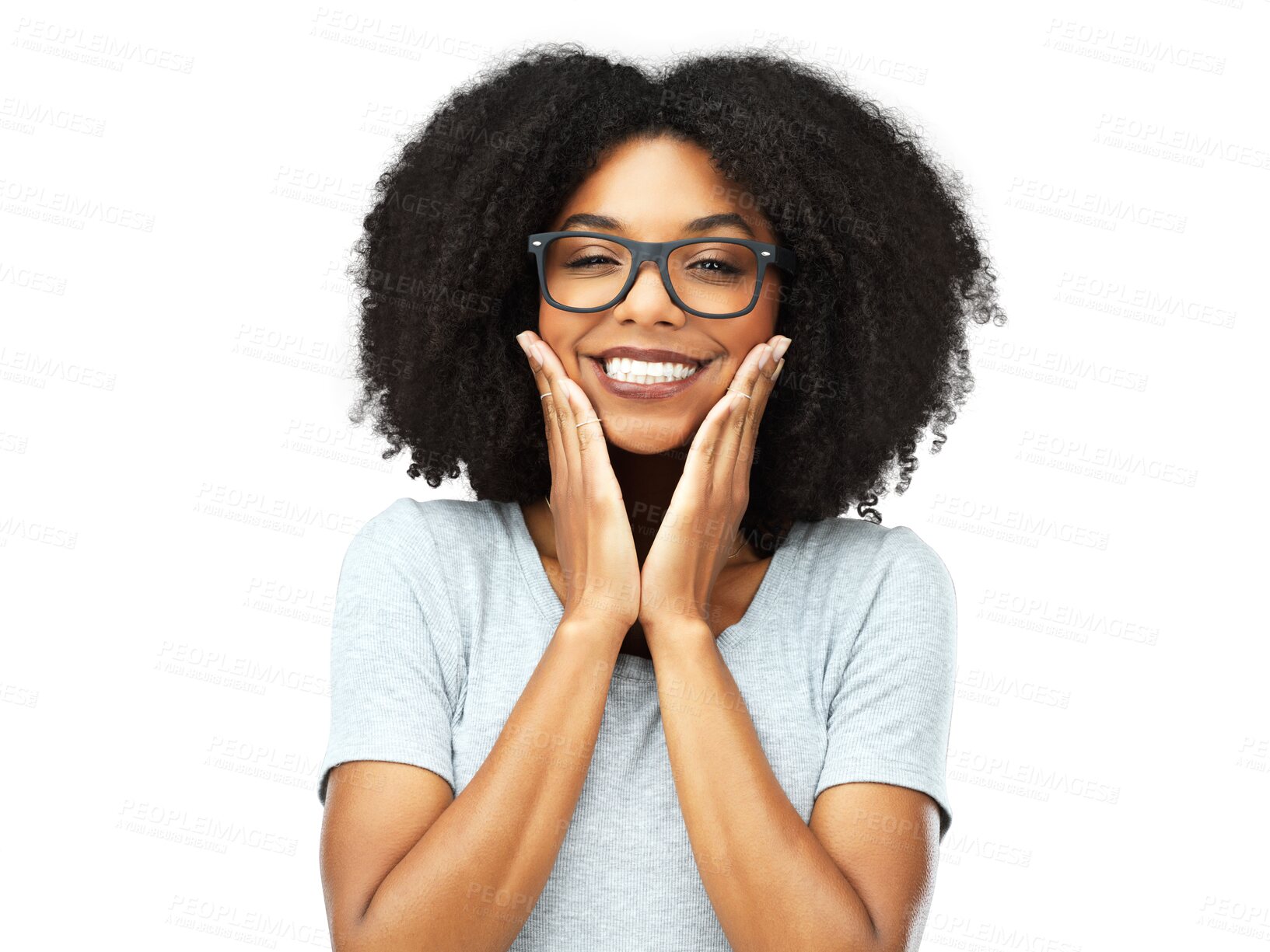 Buy stock photo Happy, smile and portrait of a woman with a cute, innocent and sweet facial expression. Happiness, glasses and female model from Brazil with hands on her face isolated by a transparent png background