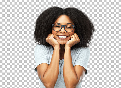 Buy stock photo Happy, emoji and excited face of African woman on isolated, transparent or png background or college student smile for announcement. Girl, glasses and success mockup or happiness for promotion 