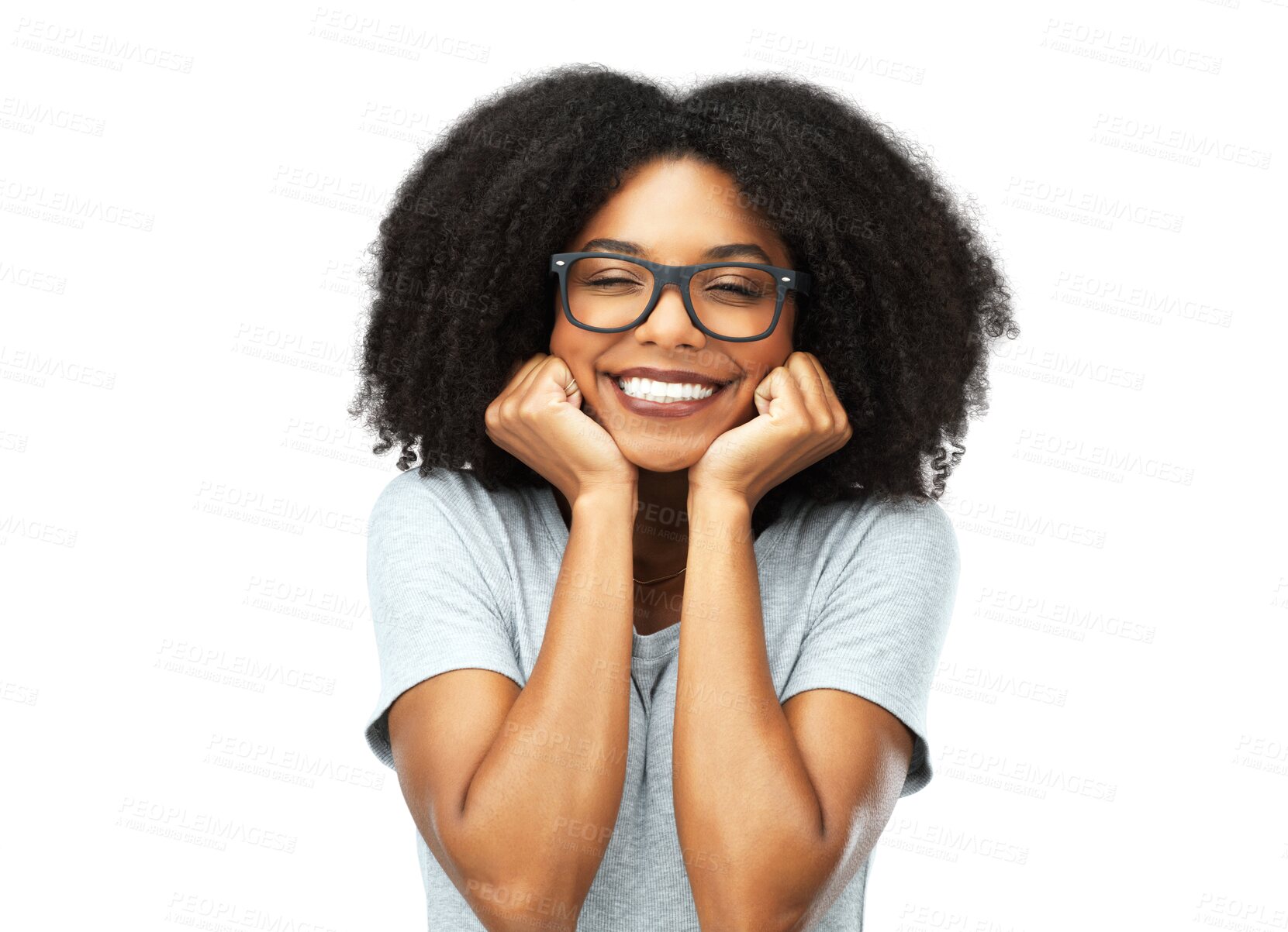 Buy stock photo Happy, emoji and excited face of African woman on isolated, transparent or png background or college student smile for announcement. Girl, glasses and success mockup or happiness for promotion 