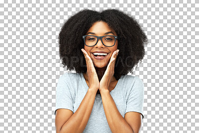 Buy stock photo Happy, excited and portrait of a woman with a sweet, innocent and cute facial expression. Smile, glasses and female model from Brazil with hands on her face isolated by a transparent png background.