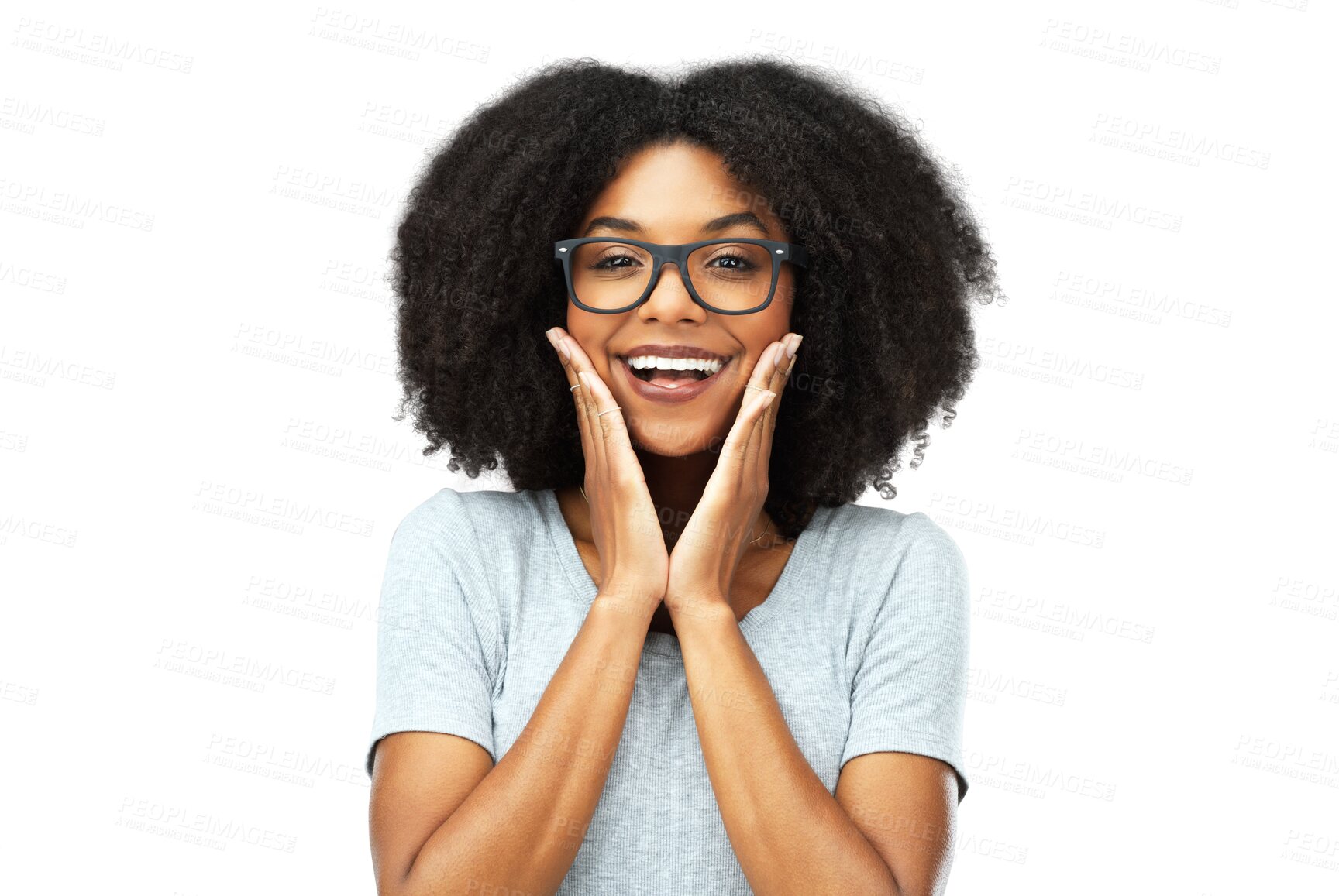 Buy stock photo Happy, excited and portrait of a woman with a sweet, innocent and cute facial expression. Smile, glasses and female model from Brazil with hands on her face isolated by a transparent png background.