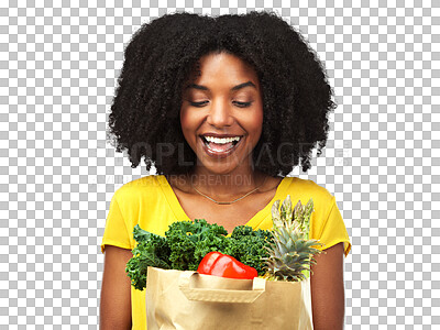 Buy stock photo Health, shopping and food with black woman on png and grocery for supermarket, vegetables and retail. Wellness, sale and diet with face of person isolated on transparent background for nutrition