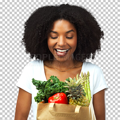 Buy stock photo Nutrition, black girl and grocery bag for diet with vegetables in png or isolate and transparent background. Food, happy and woman with healthy eating at supermarket deal for customer and sale.