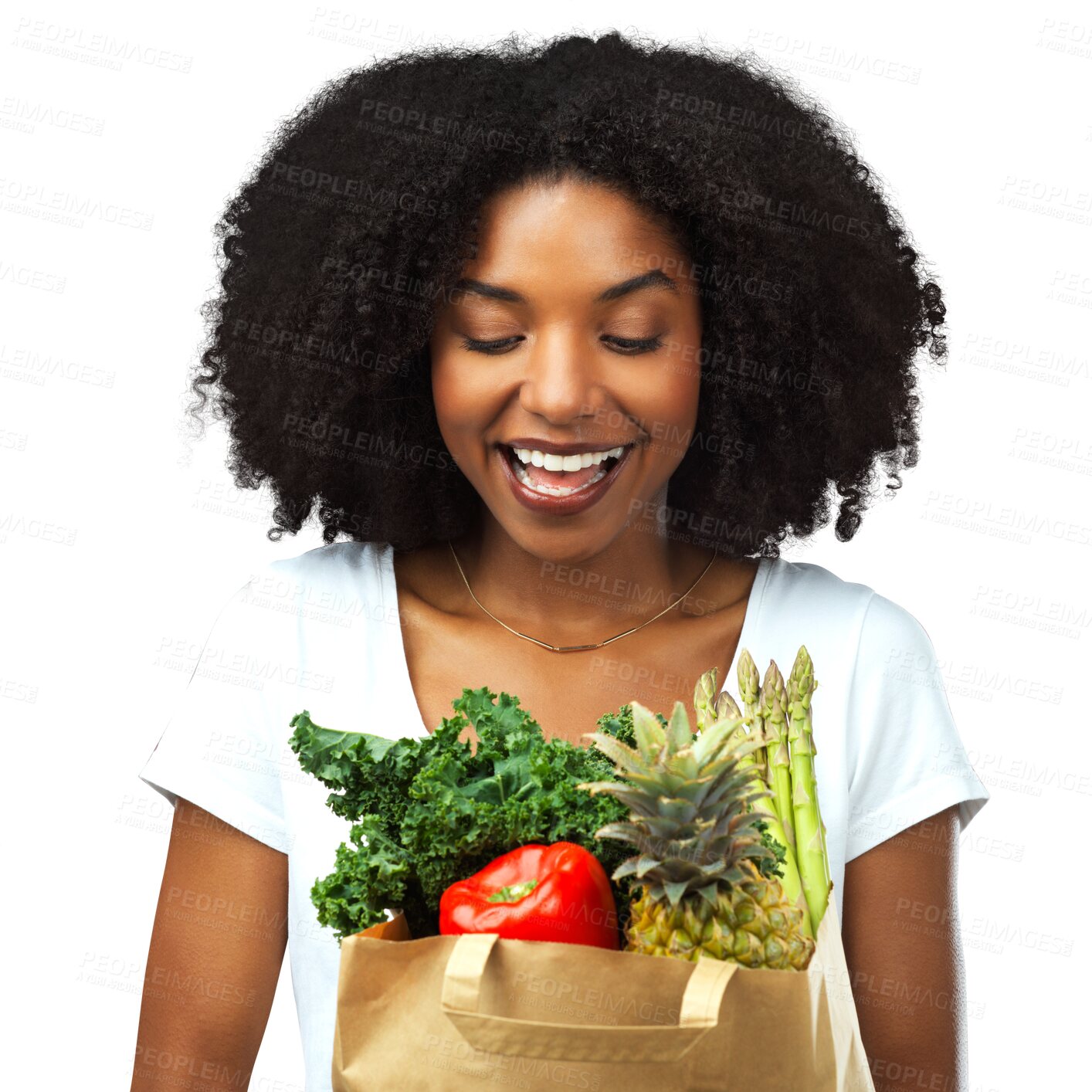 Buy stock photo Nutrition, black girl and grocery bag for diet with vegetables in png or isolate and transparent background. Food, happy and woman with healthy eating at supermarket deal for customer and sale.