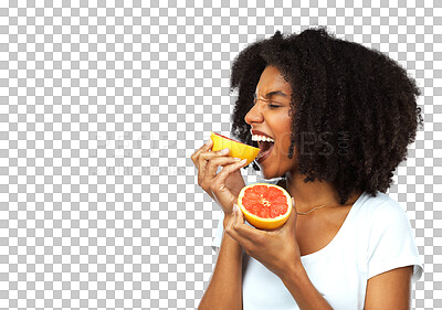 Buy stock photo Grapefruit, bite and a woman with healthy food for diet and vitamin c. Black female model happy about fruit or vegan snack for wellness and nutrition benefits isolated on transparent, png background