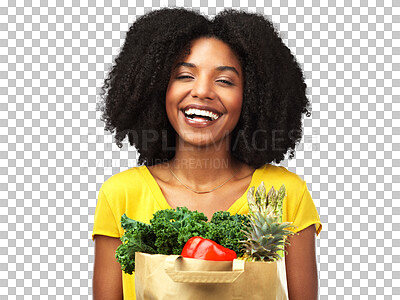 Buy stock photo Vegetables, groceries and a woman portrait with food for a healthy lifestyle and diet. Black female model excited about vegan ingredients and wellness isolated on a transparent, png background