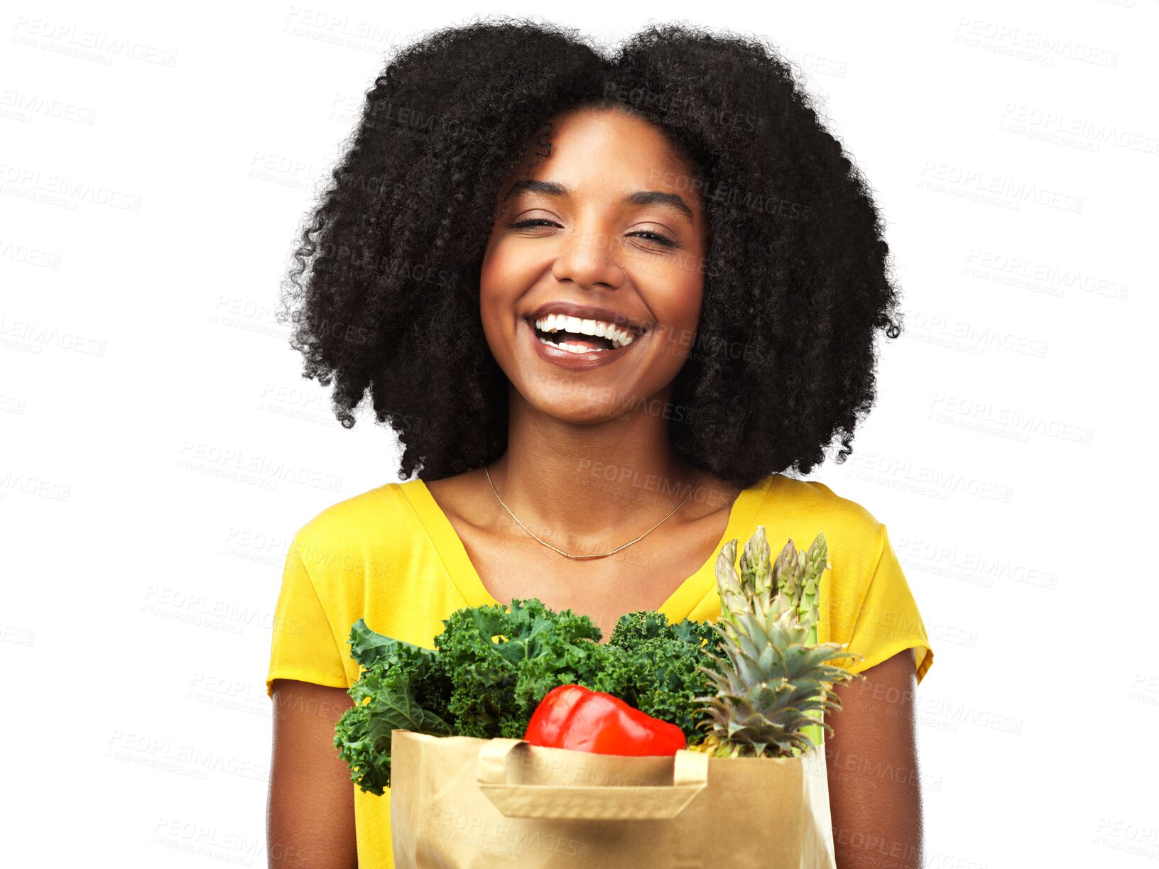 Buy stock photo Vegetables, groceries and a woman portrait with food for a healthy lifestyle and diet. Black female model excited about vegan ingredients and wellness isolated on a transparent, png background