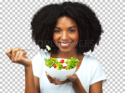 Buy stock photo Salad, portrait and a woman with healthy food for diet, weight loss and wellness. Face of black female model with vegetables, vegan meal and nutrition benefits isolated on transparent, png background