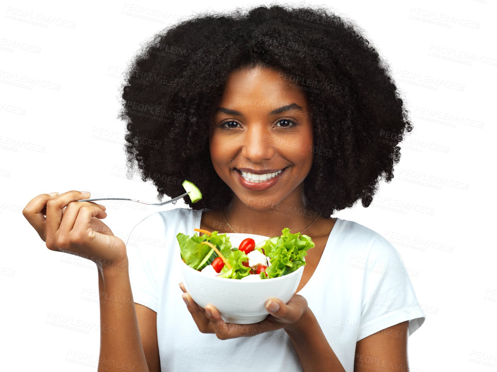 Buy stock photo Salad, portrait and a woman with healthy food for diet, weight loss and wellness. Face of black female model with vegetables, vegan meal and nutrition benefits isolated on transparent, png background