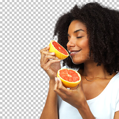 Buy stock photo Grapefruit, smell and a woman with healthy food for diet and vitamin c. Black female model happy about fruit or vegan snack for wellness and nutrition benefits isolated on transparent, png background