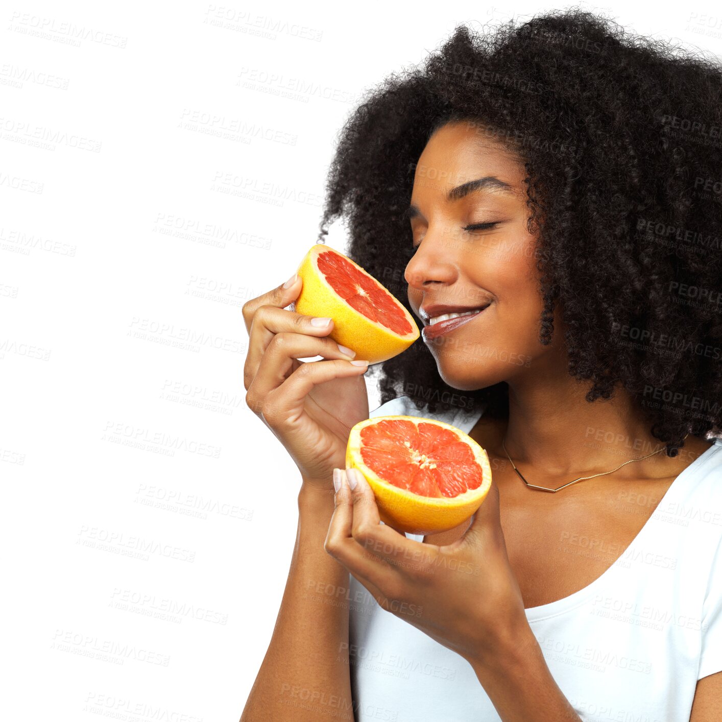 Buy stock photo Grapefruit, smell and a woman with healthy food for diet and vitamin c. Black female model happy about fruit or vegan snack for wellness and nutrition benefits isolated on transparent, png background